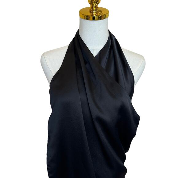 Arias Black Satin Halter Gown Size 2 Cocktail Asymmetric Ruched Maxi Dress $850 - Picture 4 of 11